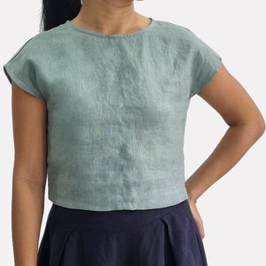 100% Linen top, linen blouse rounded neck short sleeves, linen casual crop top, custom size top, basic linen top, summer linen tee shirt