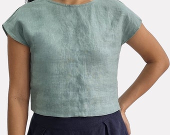 Top in lino 100%, camicetta in lino con scollo arrotondato e maniche corte, top corto casual in lino, top su misura, top basic in lino, maglietta estiva in lino