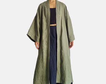 Linen kimono free size, linen duster jacket, linen coat blazer cardigan bathrobe, plus size loose oversize, full length kimono long sleeves