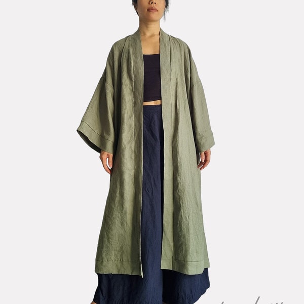 Kimono en lin taille libre, jaquette en lin, peignoir cardigan blazer manteau en lin, grande taille ample oversize, kimono pleine longueur manches longues