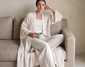 100% Linen 3-piece Set with Long Robe, Top & Pants/ Loose Oversize Comfortable Casual Kimono, Lounge Wear Bathrobe Beachwear, Spa Zen Outfit