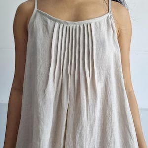 100% Linen mini dress with pleats & straps, A-line dress lounge wear, linen summer dress, short casual dress, midi  dress, sleeveless dress