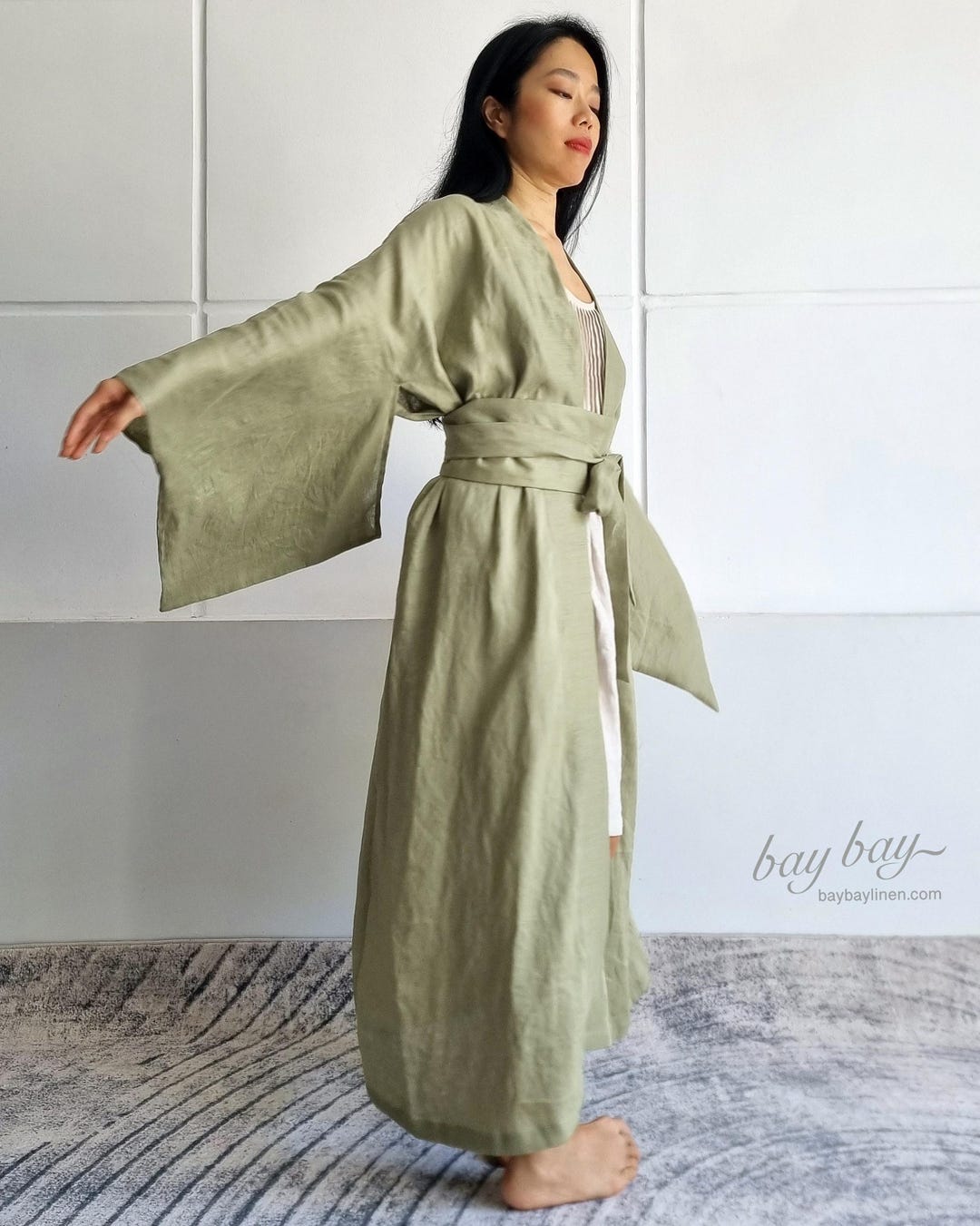 100% Linen Japanese Kimono Robe With Obi Belt, Bridesmaids Kimono ...