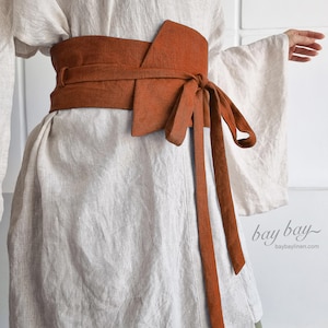 Pure Linen Wrap Belt – Obi-Style Waist Tie for Kimono, Dress, or Everyday Outfits - Wide Adjustable Corset Belt, Japanese Linen Obi Belt