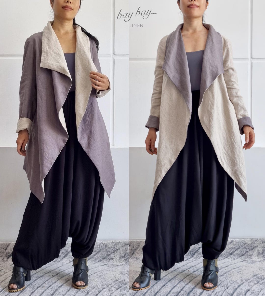 Transformable Jackets 100% Linen Two-tone Multi-way Wrap Jacket With Belt & Pockets, Double ...