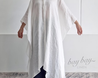 100% Linen ShirtDress with Shell Buttons, Oversized Batwing Sleeve Tunic Blouse, Summer Freesize Kaftan or Long Shirt for Layering