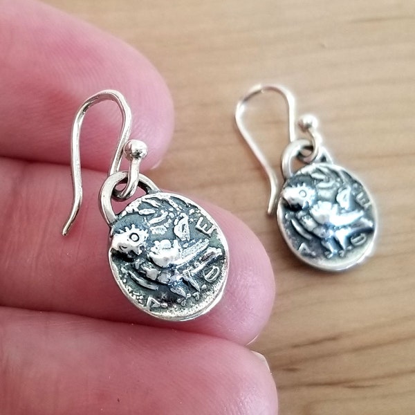 Vintage Sterling Silver Tiny Owl Coin Earrings, Owl of Athena Coin Earrings, Dainty Owl Earrings