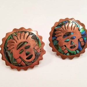 Vintage Mexican Round Copper with Abalone Inlay Screw Back Earrings
