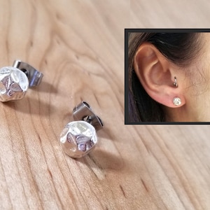 Tiny Chunky Hammered Studs, Sterling Silver Stud Earrings - 7 mm - Shiny or Blackened By Designer Mary B Hetz