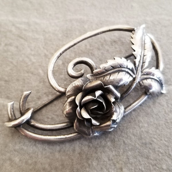 Vintage Sterling Silver Rose Brooch, Art Deco Rose, 1940's Rose Brooch Pin