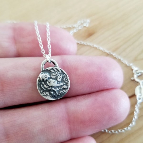 Vintage Sterling Silver Tiny Owl Coin Charm Necklace, Owl of Athena Coin Necklace