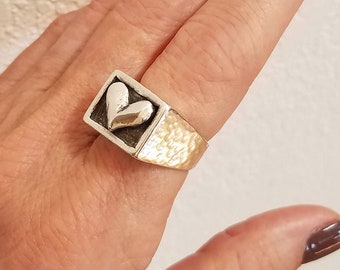 Sterling Silver Hammered Heart Signet Ring, U.S. Size 7.5, Handmade Chunky Signet Ring - Statement Ring - Mary B Hetz ©1988