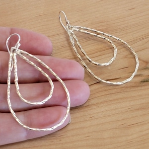 Large Sterling Silver Twisted Double Teardrop Hoop Drop Earrings or Pendant Necklace- Chain Optional -
