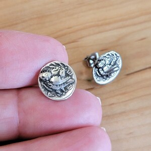 Vintage Sterling Silver Owl Coin Stud Earrings, Owl of Athena Stud Earrings, Owl Studs