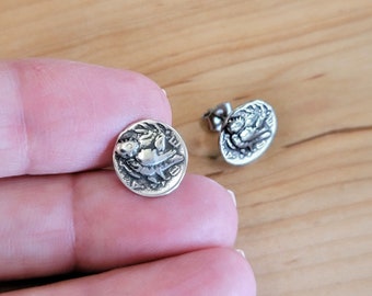 Vintage Sterling Silver Owl of Athena Coin Stud Earrings