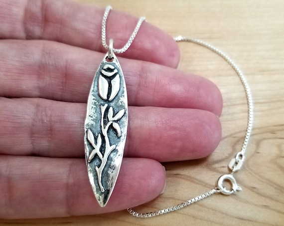 【OPEN YY】ROSEBUD NECKLACE, SILVER Unique Sterling Silver Long Rosebud Pendant, Charm, Necklace