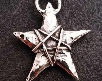 Vintage HEAVY Chunky Sterling Silver Rustic Star With Wire Wrap - Double-Sided Pendant Charm By Designer Mary B Hetz, Made in U.S.A.