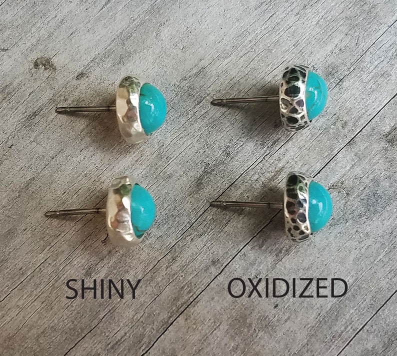 8mm Unique Natural Turquoise Hammered Sterling Silver Stud Earrings Made in USA Designer Mary B Hetz