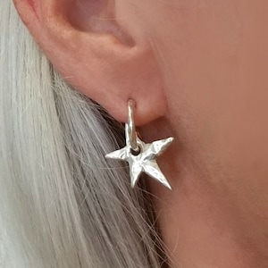 Sterling Silver Hammered Abstract Star Hoop Earrings, Rustic Star Earrings, Unique Star Open Hoop Earrings by Designer Mary B Hetz
