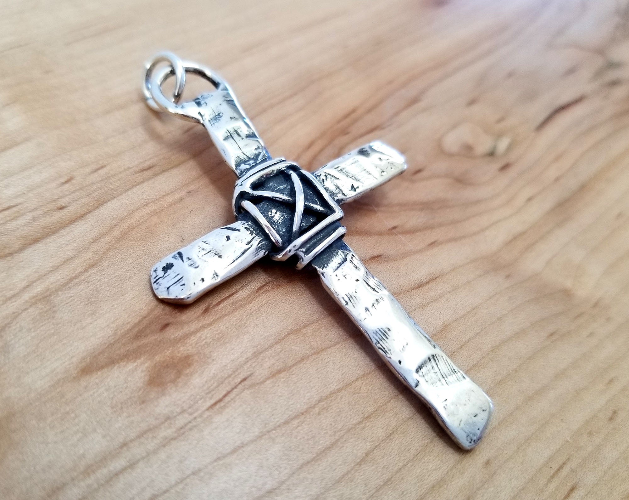 Hammered Cross Antique Silver Metal Finish Ball Chain