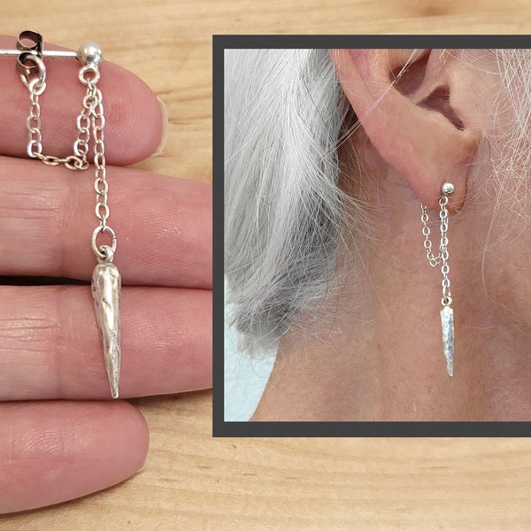 Unique Hammered Spike Chain Drape Earrings, Sterling Silver Double Chain Drape Earrings By Designer Mary B Hetz, Made in U.S.A