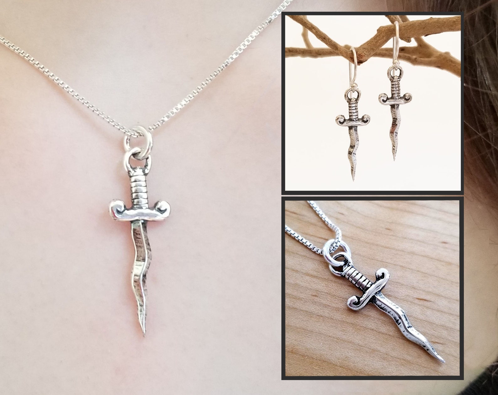 Sterling Silver Dagger Pendant Charm With Wavy Blade Necklace Etsy