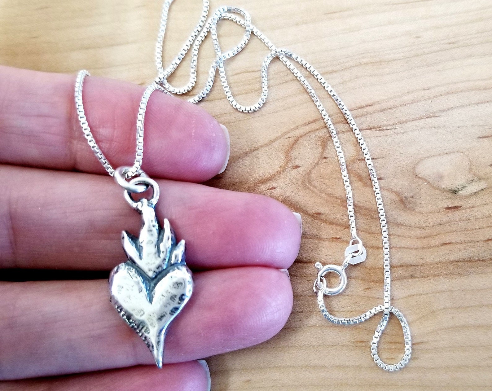 Sterling Silver Flame Heart Pendant Charm Necklace chain Etsy