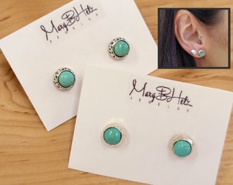 Genuine Arizona Turquoise Stud Earrings, Unique Hammered Sterling Silver Turquoise Studs, Made in USA, Designer Mary B Hetz, 8mm