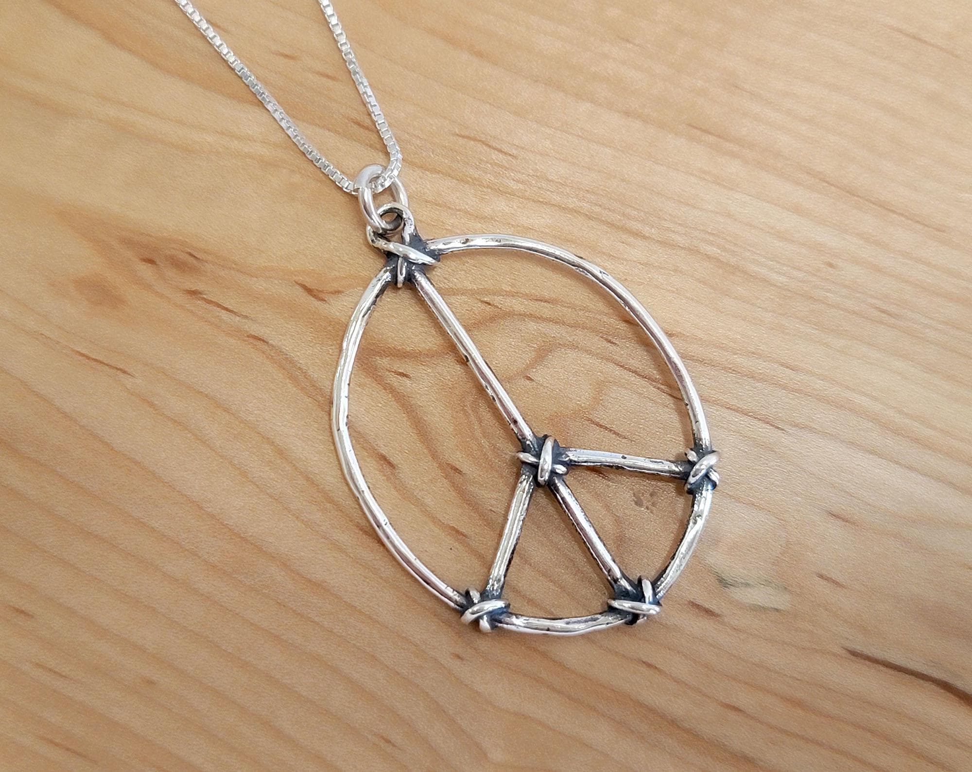 Sterling Silver Wire Wrapped Peace Sign Pendant Necklace - Mary B