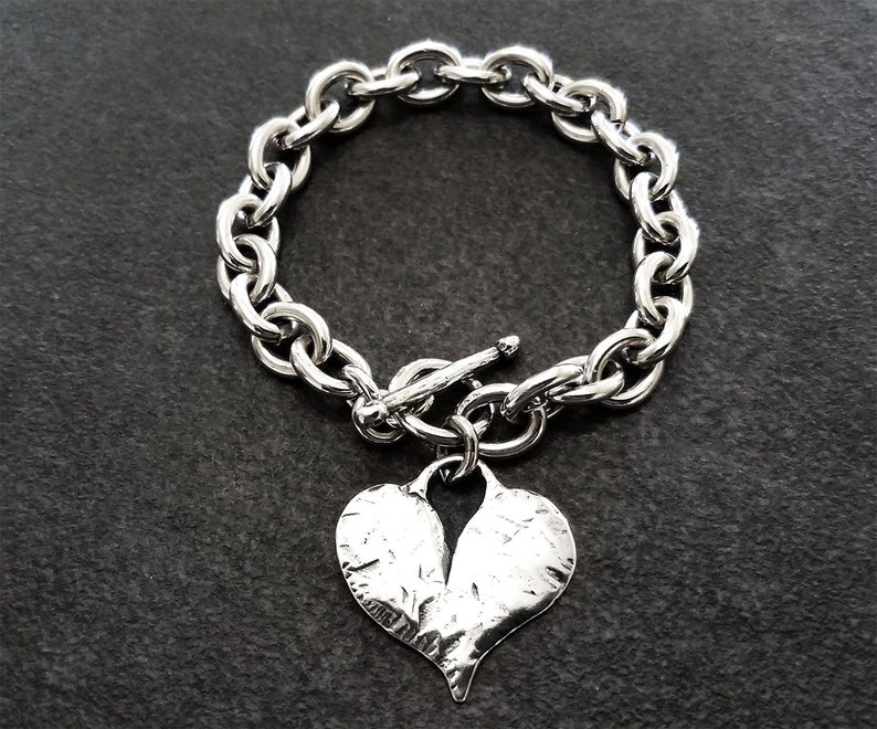 Unique Hammered Sterling Silver Heart Charm Bracelet on Chunky | Etsy