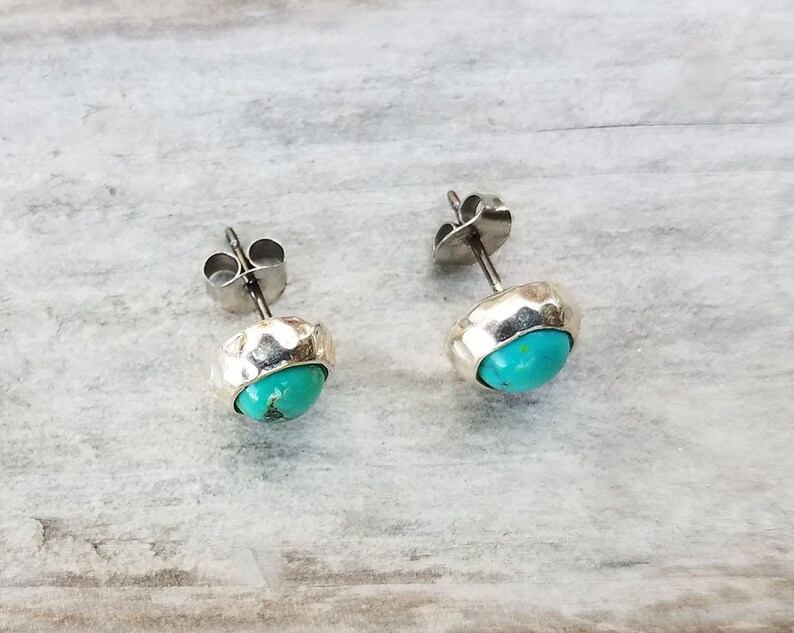 8mm Unique Natural Turquoise Hammered Sterling Silver Stud Earrings Made in USA Designer Mary B Hetz