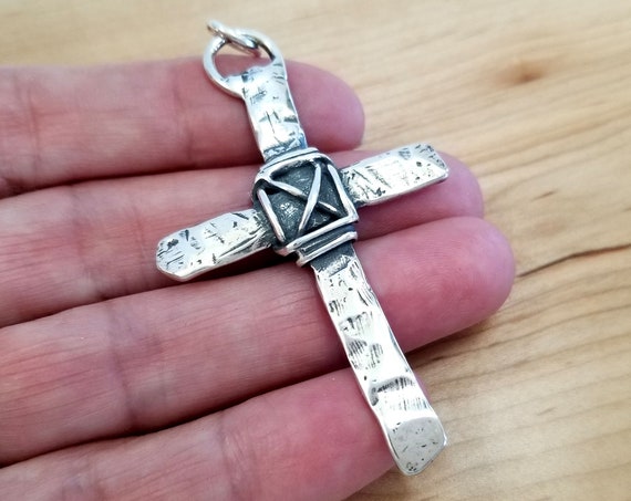 Vintage Hammered Large Cross Pendant Charm, Wire Wrapped