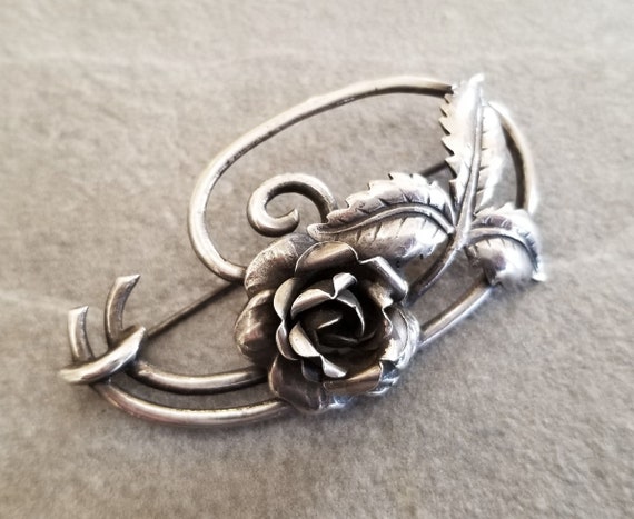 Vintage Sterling Silver Rose Brooch, Art Deco Ros… - image 1