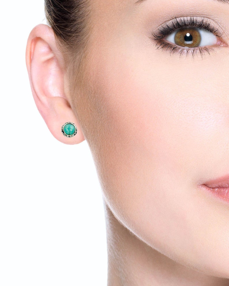 8mm Unique Natural Turquoise Hammered Sterling Silver Stud Earrings Made in USA Designer Mary B Hetz