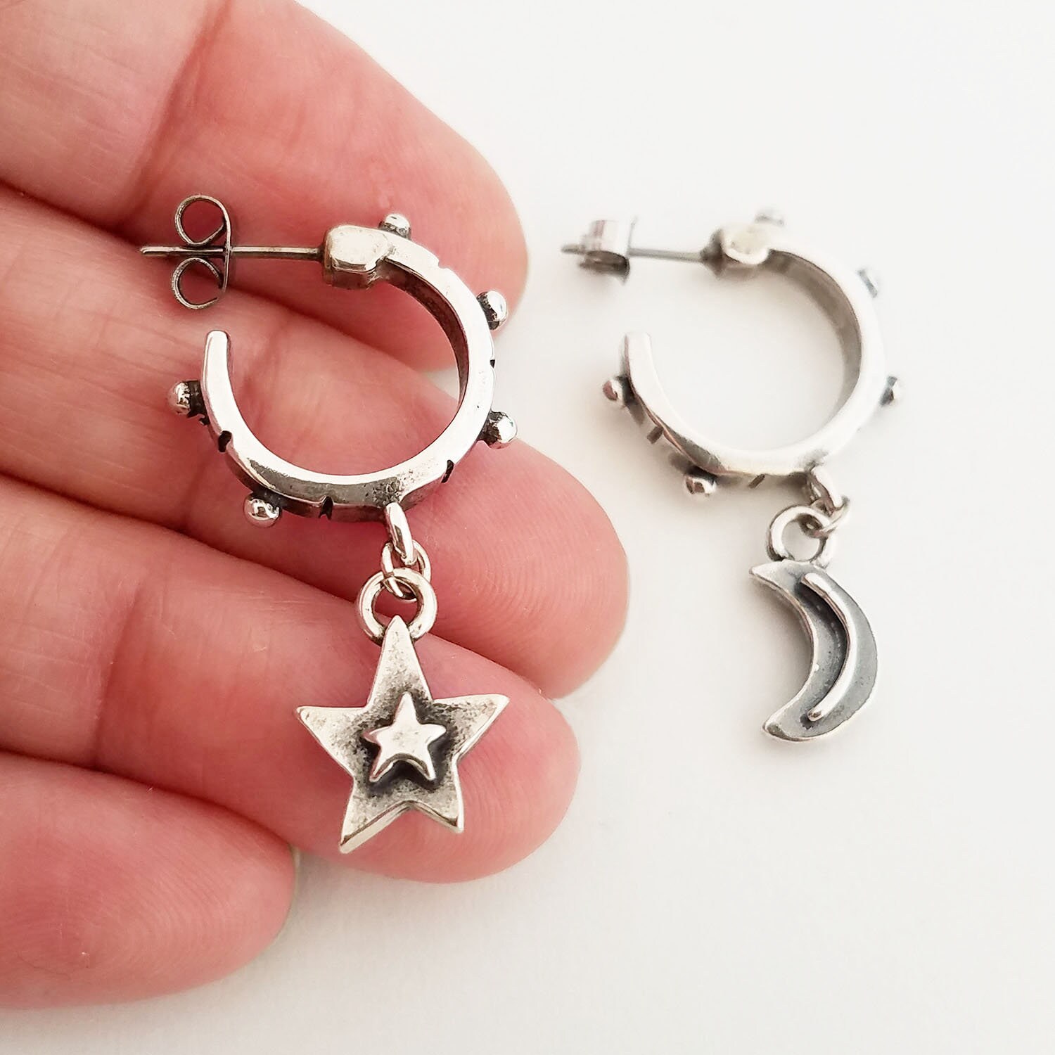 Unique Vintage Sterling Silver Celestial Star and Moon on