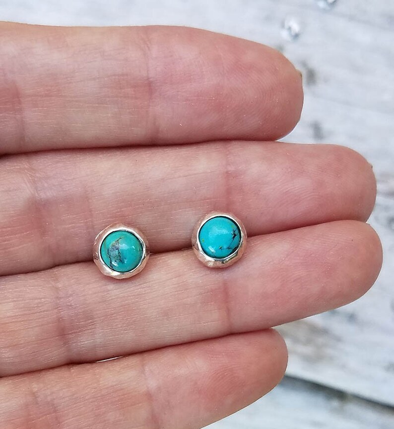 8mm Unique Natural Turquoise Hammered Sterling Silver Stud Earrings Made in USA Designer Mary B Hetz
