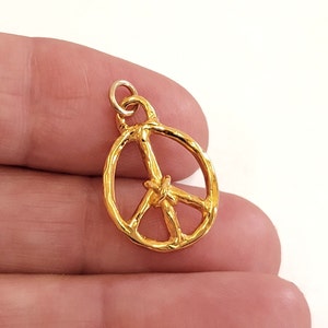 Unique 18K Gold Vermeil Rustic Peace Sign Pendant On Leather Cord (Cord Optional) By Designer Mary B Hetz