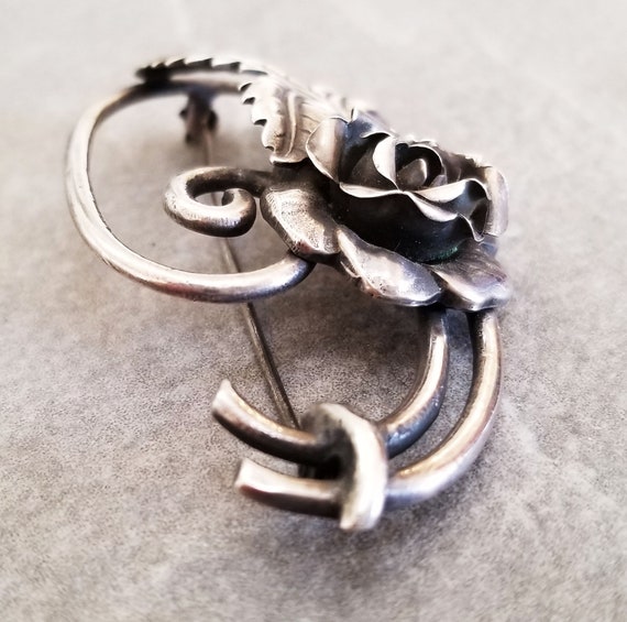 Vintage Sterling Silver Rose Brooch, Art Deco Ros… - image 8