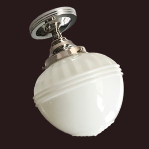 1930's - 1940's Milk Glass Skyscraper Shade Vintage Art Deco Antique Chandelier Ceiling Light Fixture Nickel Chrome Restored Rewired