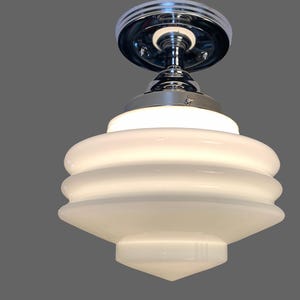Milk Glass Skyscraper Shade Vintage Art Deco Antique 920&#39;s - 1930&#39;s Ceiling Light Fixture Nickel Chrome Restored Rewired Mid Century UFO MCM