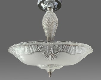 Frosted Glass Shade Vintage Art Deco Antique Chandelier Ceiling Light Fixture Nickel Chrome Restored Rewired 1930's - 1940's