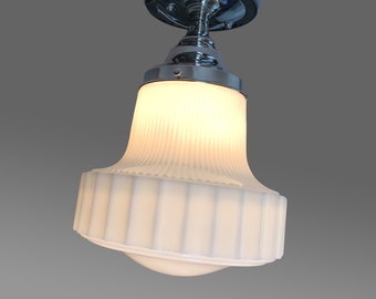 Milk Glass Skyscraper Shade Vintage Art Deco Antique Chandelier 1930's - 1940's Ceiling Light Fixture Nickel Chrome Restored Rewired