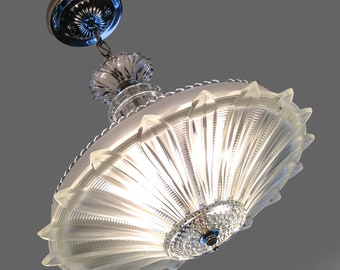 SUNFLOWER Vintage 1930's Art Deco Chandelier Ceiling Light Fixture Frosted Glass Shade Vintage 1940's Nickel Chrome