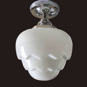 1930's - 1940's Milk Glass Skyscraper Shade Vintage Art Deco Antique Chandelier Ceiling Light Fixture Nickel Chrome Restored Rewired