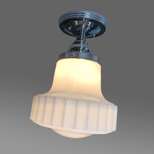 Milk Glass Skyscraper Shade Vintage Art Deco Antique Chandelier 1930's - 1940's Ceiling Light Fixture Nickel Chrome Restored Rewired