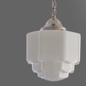 Milk Glass Skyscraper Shade Vintage Art Deco Antique Chandelier 1930's 1940's Ceiling Light Fixture Nickel Chrome Restored Rewired image 1