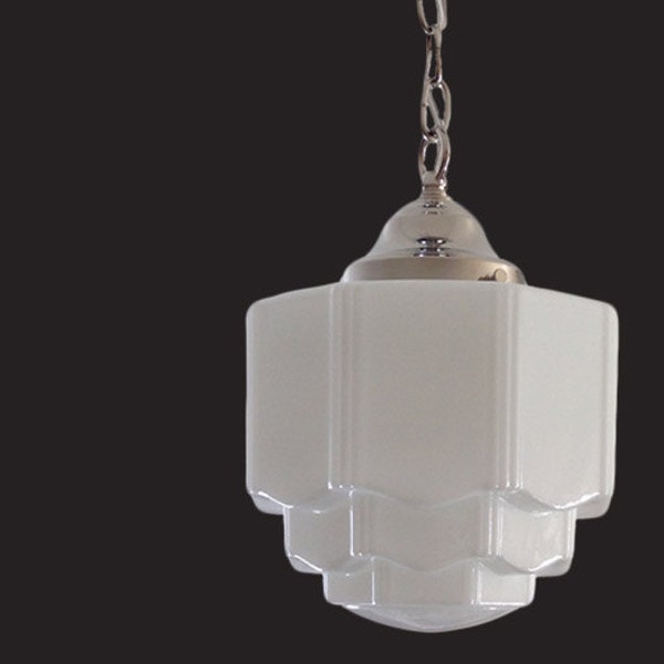 SALE! - 1930's - 1940's Milk Glass Skyscraper Shade Vintage Art Deco Antique Chandelier Ceiling Light Fixture Nickel Chrome Restored Rewired