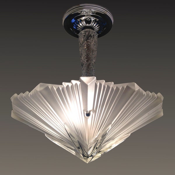Starburst Vintage 1930's Art Deco Chandelier Ceiling Light Fixture Frosted Glass Shade Vintage 1930's Nickel Chrome