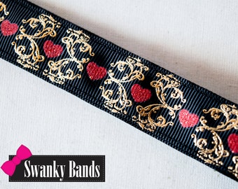 Dark Queen of Hearts- Gold Heart Printed non slip headbands, no slip headband, athletic headbands, Fashionable Headbands, Swanky Bands