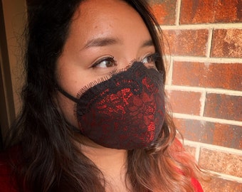 Chantilly lace face mask, black and red lace face mask, lace masks, sexy lace mask, cotton masks, adjustable, lace red masks, holiday masks